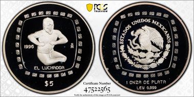 1996-Mo 5 Peso El Luchador KM-597  Ag PR69DCAM