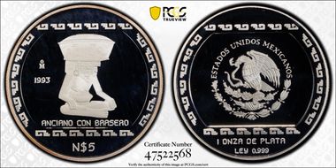 1993-Mo 5 Peso Anciano con brasero T-2 Mo Above Date PR68DCAM