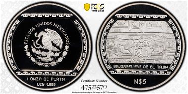 1993-Mo 5 Peso Bajorrelieve Del Tajin KM-569  Ag PR69DCAM