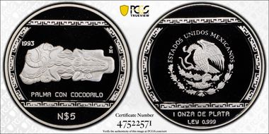 1993-Mo 5 Peso Palma con Cocodrilo KM-582  Ag PR69DCAM