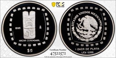 1996-Mo 5 Peso Hacha Ceremonial KM-598  Ag PR69DCAM