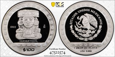 1992-Mo 100 P Huehueteotl KM-564  Ag PR69DCAM