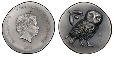 2021 $5 Athena's Owl Tetradrachm High Relief-Antique Finish MS69