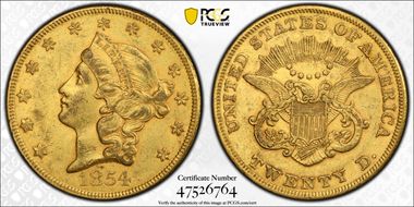 1854 $20 Large Date AU55