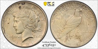 1921 $1 High Relief, Peace AU58