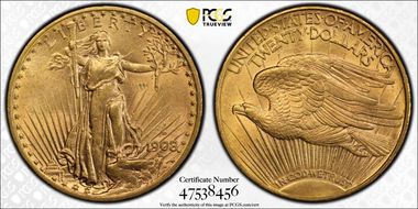 1908-D $20 Motto AU58