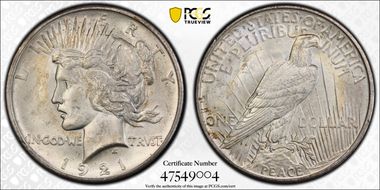 1921 $1 High Relief, Peace MS64