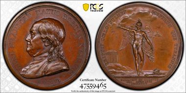 (1784) AE Medal Betts-619, Franklin Winged Genius Restrike MS63BN