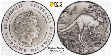 2016-P $2 Kangaroo 2oz High Relief Antique Finish SP70
