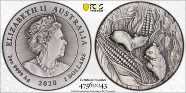 2020-P $2 Year of the Mouse 2oz Ag  Antique Finish SP70