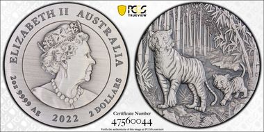 2022-P $2 Year of the Tiger 2oz Ag Antique Finish SP70