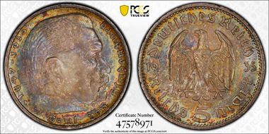 1935-F 5 Mk Hindenburg J-360 MS63