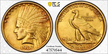 1907 $10 Indian AU55