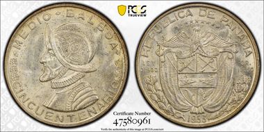 1953 1/2 B 50th Ann. Rep. of Panama KM-20  Ag MS63