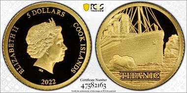 2022 $5 Titanic 0.5g Au PR70DCAM