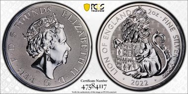 2022 £5 Lion of England 2oz Ag The Tudor Beasts MS67