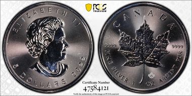 2022 $5 Maple Leaf Ag MS68