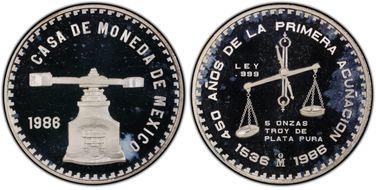 1986-Mo 5 Onza X-MB20 450th Ann. Ag PR65DCAM