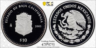2005-Mo 10 Peso Baja California KM-722  Ag PR69DCAM