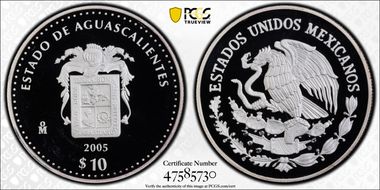 2005-Mo 10 Peso Aguascalientes KM-720  Ag PR69DCAM
