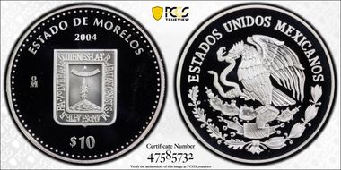 2004-Mo 10 Peso Morelos KM-745  Ag PR68DCAM