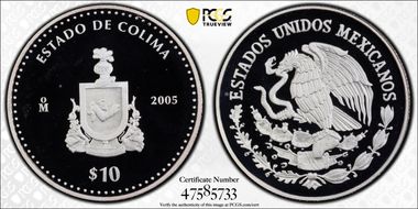 2005-Mo 10 Peso Colima KM-728  Ag PR68DCAM