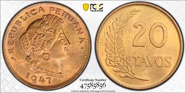 1947-AFP 20C KM-221.2a Copper MS64RB