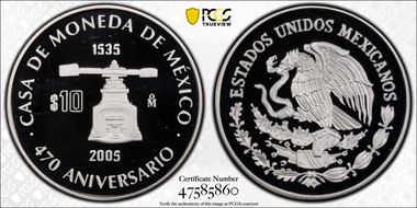 2005-Mo 10 Peso 470th Ann. Mint KM-768  Ag PR69DCAM