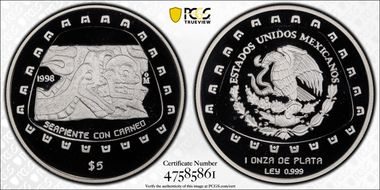 1998-Mo 5 Peso Serpiente con Craneo KM-666  Ag PR69DCAM
