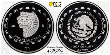 1997-Mo 5 Peso Disco de la Muerte KM-619  Ag PR68DCAM