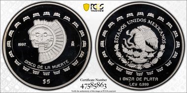 1997-Mo 5 Peso Disco de la Muerte KM-619  Ag PR67DCAM