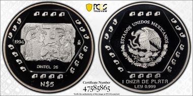 1994-Mo 5 Peso Dintel 26 KM-578  Ag PR69DCAM