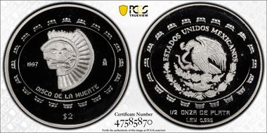1997-Mo 2 Peso Disco de la Muerte KM-618  Ag PR69DCAM