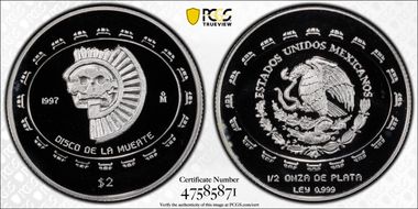 1997-Mo 2 Peso Disco de la Muerte KM-618  Ag PR69DCAM