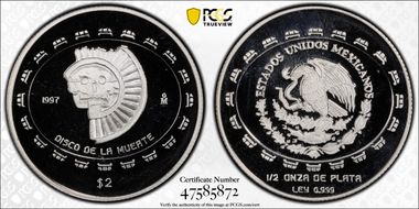 1997-Mo 2 Peso Disco de la Muerte KM-618  Ag PR69DCAM
