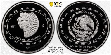 1997-Mo 2 Peso Disco de la Muerte KM-618  Ag PR69DCAM