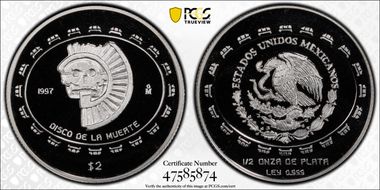 1997-Mo 2 Peso Disco de la Muerte KM-618  Ag PR69DCAM