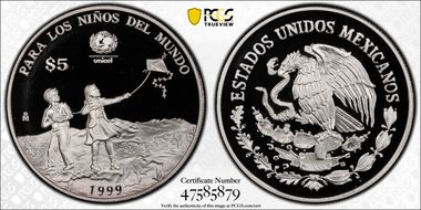 1999-Mo 5 Peso UNICEF KM-640  Ag PR69DCAM