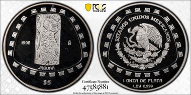 1998-Mo 5 Peso Jaguar KM-663  Ag PR68DCAM