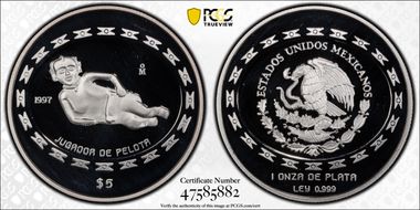 1997-Mo 5 Peso Jugador de Pelota KM-622  Ag PR69DCAM