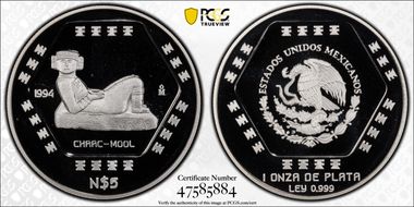 1994-Mo 5 Peso Chaac-Mool KM-574  Ag PR69DCAM