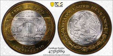 2005-Mo 100 P Bank of Mexico 80th Ann. MS67