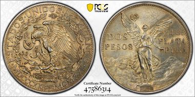 1921-Mo 2 Peso Centennial, 9 Tail F. KM-462  Ag N1