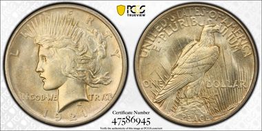1921 $1 High Relief, Peace MS64