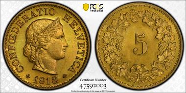 1918 B 5 Rap KM-26a  Brass MS66