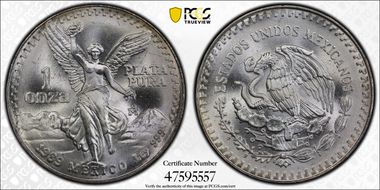 1989-Mo Onza Libertad Ag w/o Dot 999 MS68