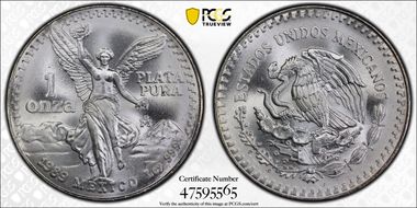 1989-Mo Onza Libertad Ag w/o Dot 999 MS68