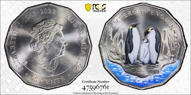 2023 50C Emperor Penguin Colorized Antarctic Territory MS69