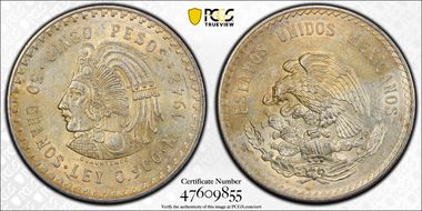 1948-Mo 5 Peso Cuauhtemoc KM-465 Ag AU58