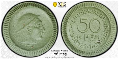 1921 50 Pfg Scheuch-553f Waldenburg Light Green Porcelain MS64